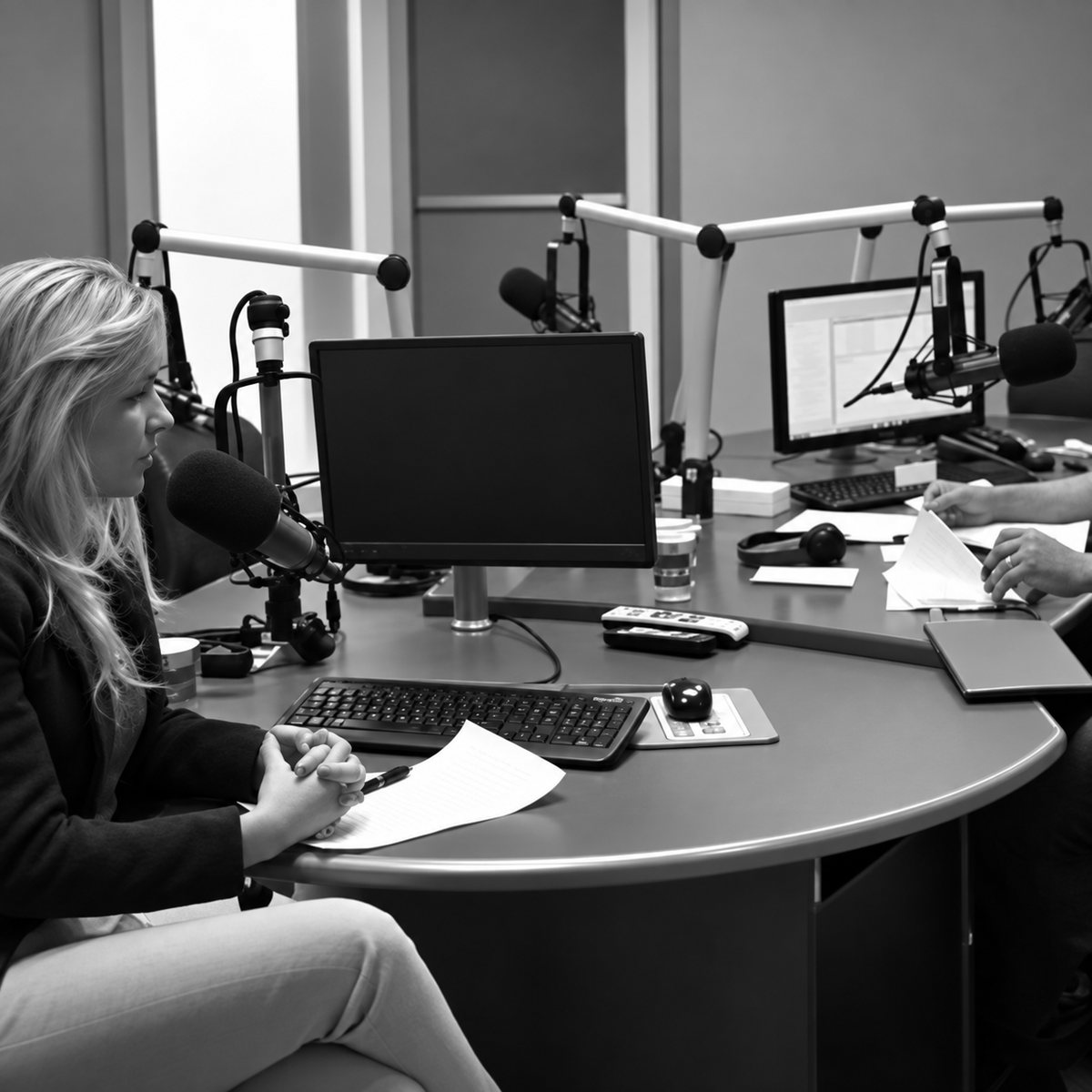 Dra. Cinthya Andrade sentada no estúdio da Rádio Itatiaia durante entrevista